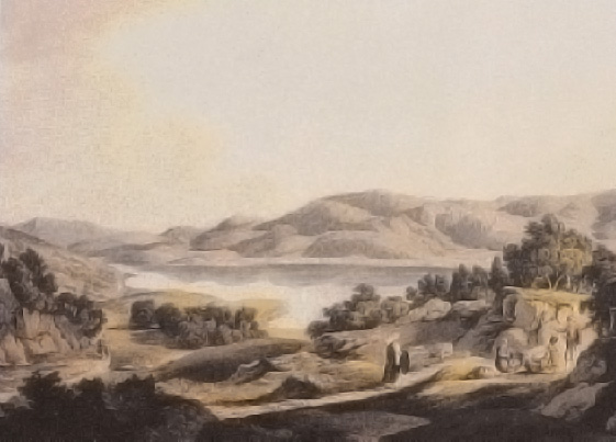 1830. Zωγραφική απεικόνιση της λίμνης της Στυμφαλίας. Σχεδίαση Edward Dodwell, χάραξη και χρωματισμός Robert Ηavell,  Γεννάδειος Βιβλιοθήκη.
